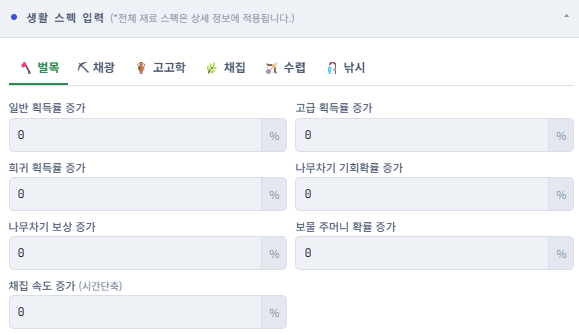 시뮬레이터의 생활 스펙 입력 화면